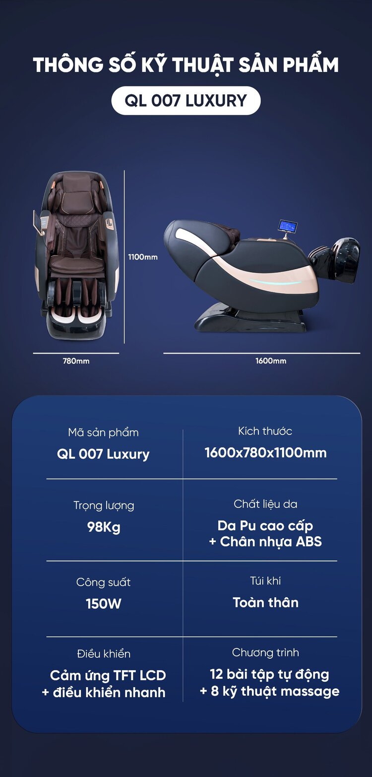 Thông số kỹ thuật ghế massage Queen Crown QL007 Luxury