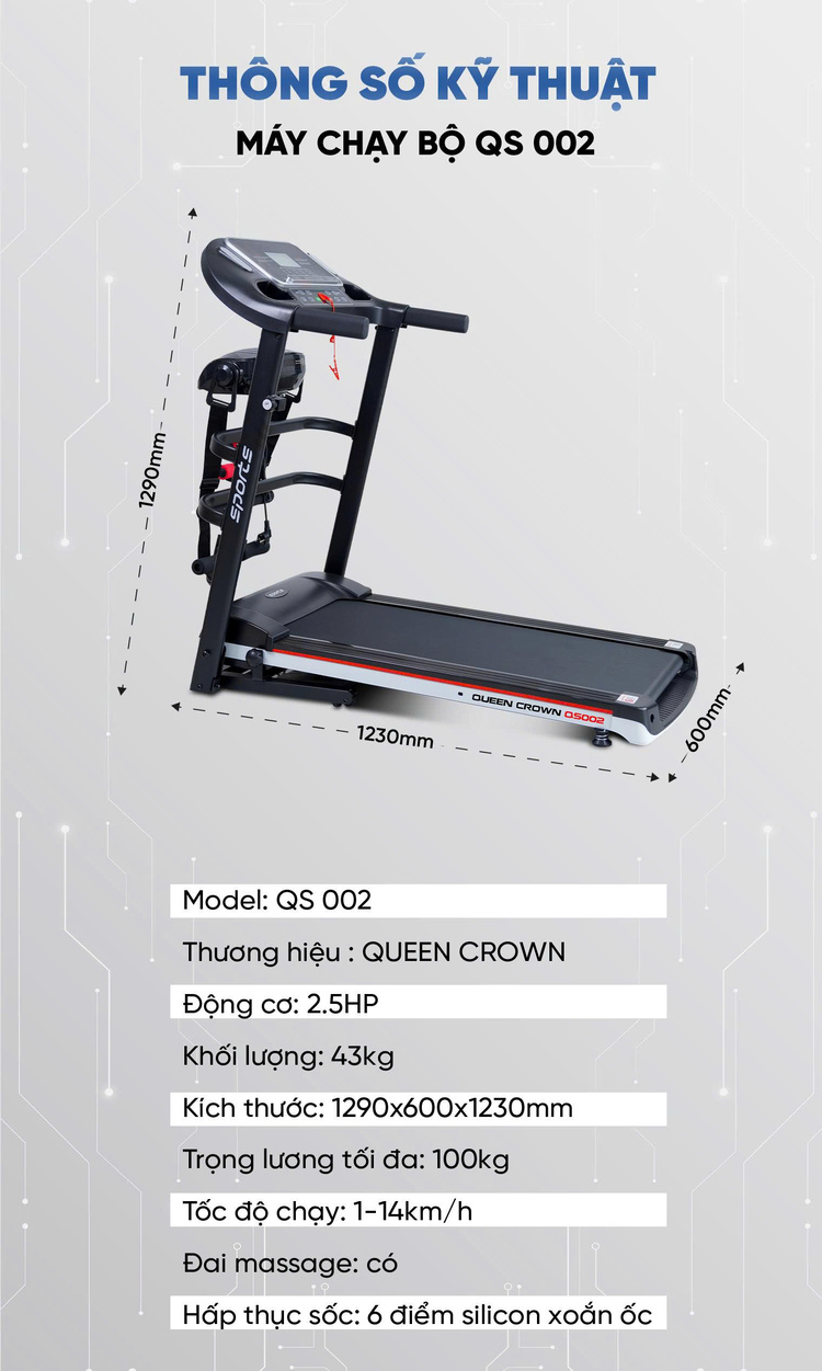 Thông số kỹ thuật máy chạy bộ Queen Crown QS002