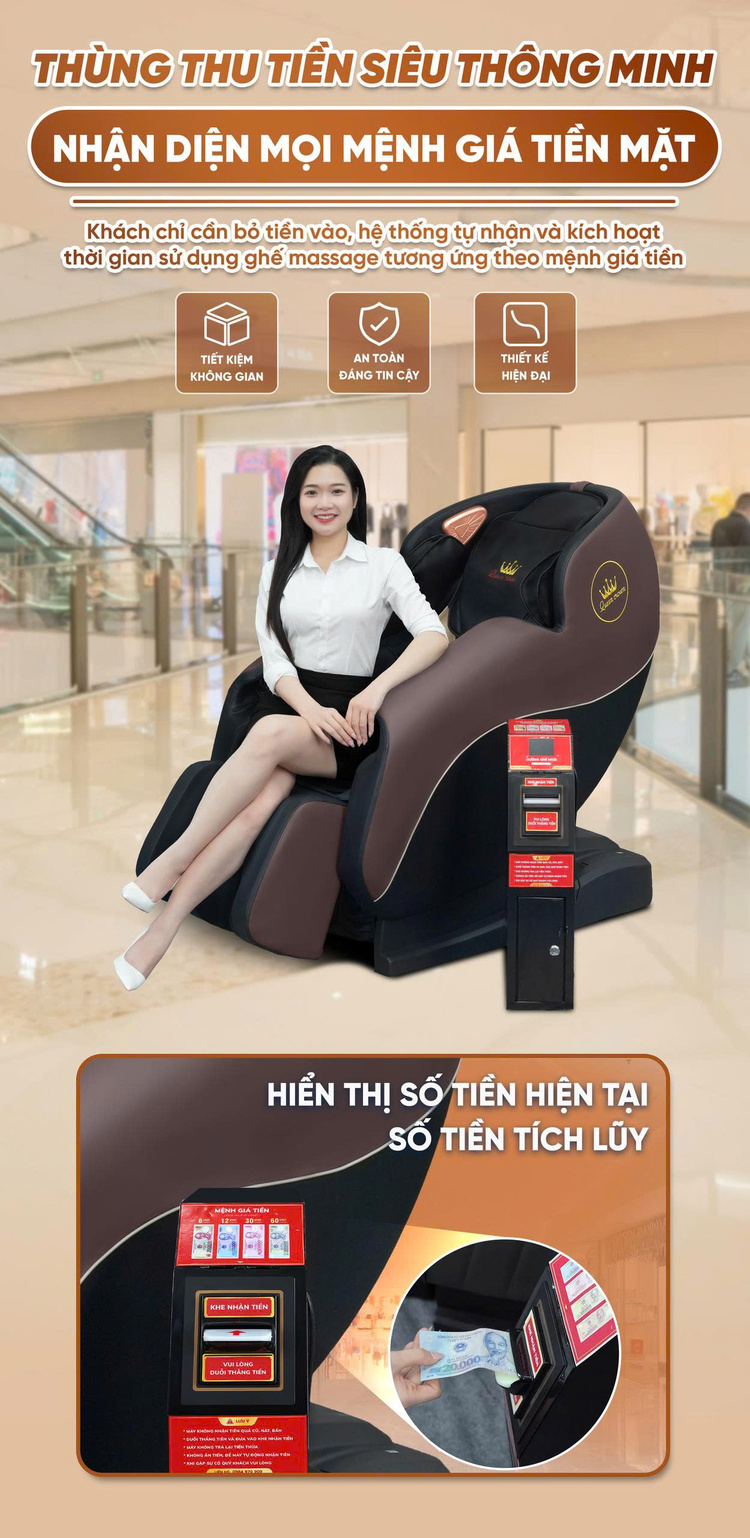 Ghế massage kinh doanh Queen Crown KD79 - Thùng tiền thông minh