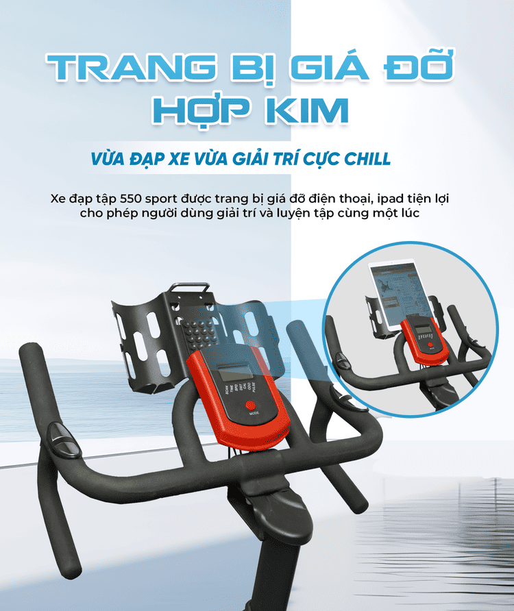 Xe đạp tập Queen Crown 550 Sport - Giá đỡ điện thoại hợp kim