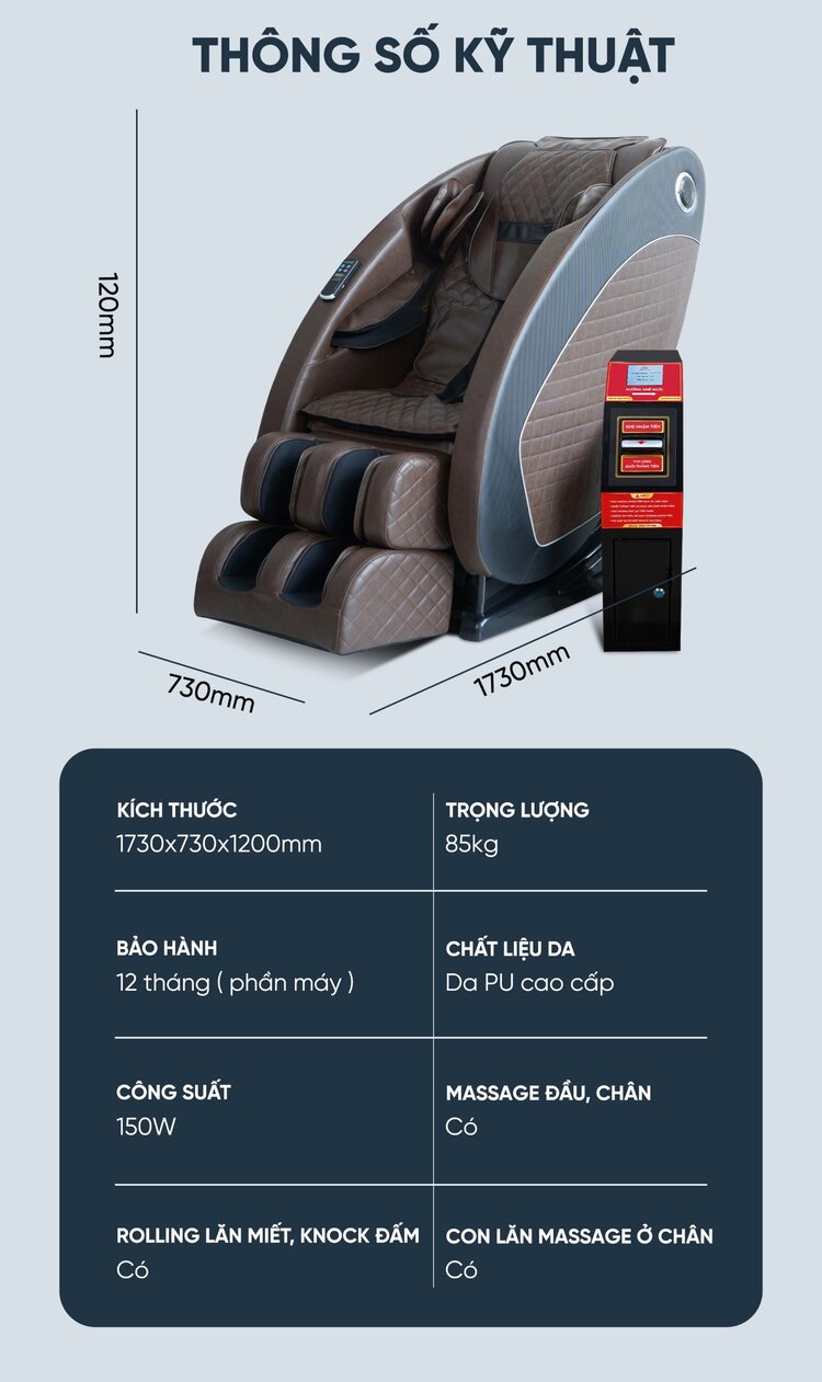 Thông số kỹ thuật ghế massage kinh doanh Queen Crown QC KD7 Plus