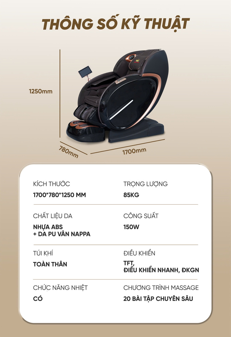 thông số kỹ thuật Ghế massage Queen Crown QL008 Luxury 