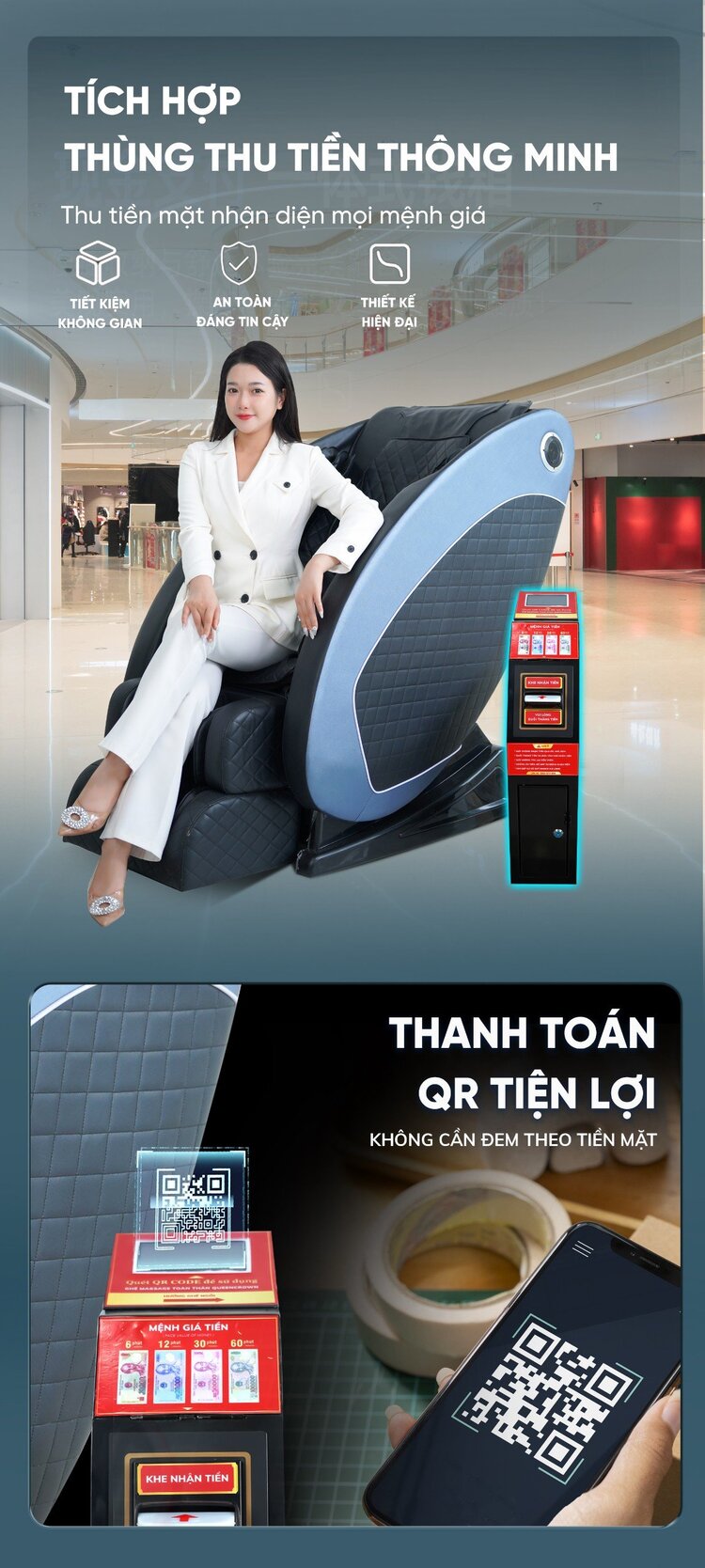 Ghế massage kinh doanh Queen Crown QC KD7 QR trang bị thùng thu tiền thông minh