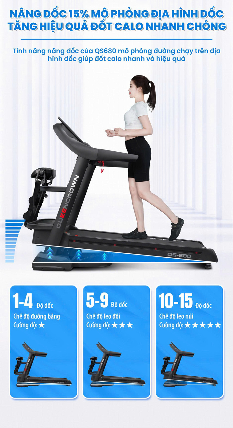 Máy chạy bộ Queen Crown QS680 - Nâng dốc tự động