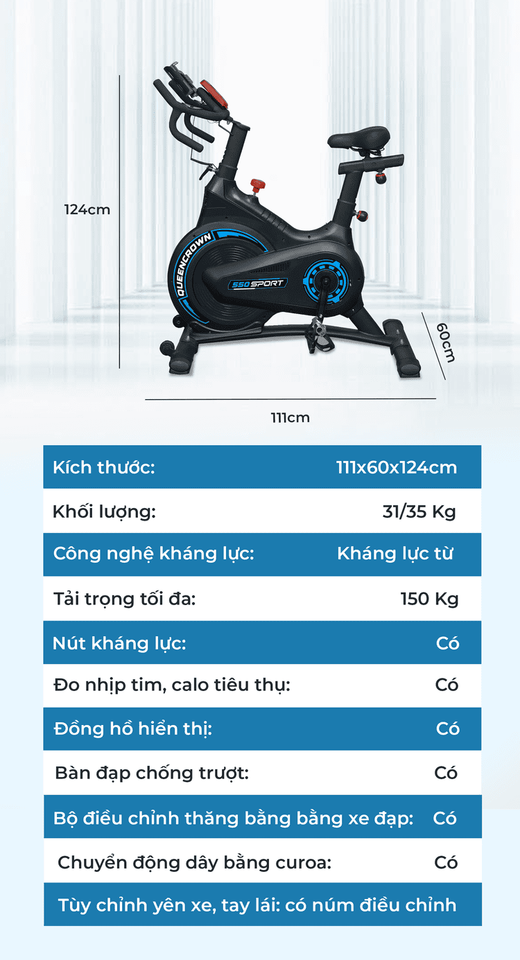 Xe đạp tập Queen Crown 550 Sport - Thông số kỹ thuật