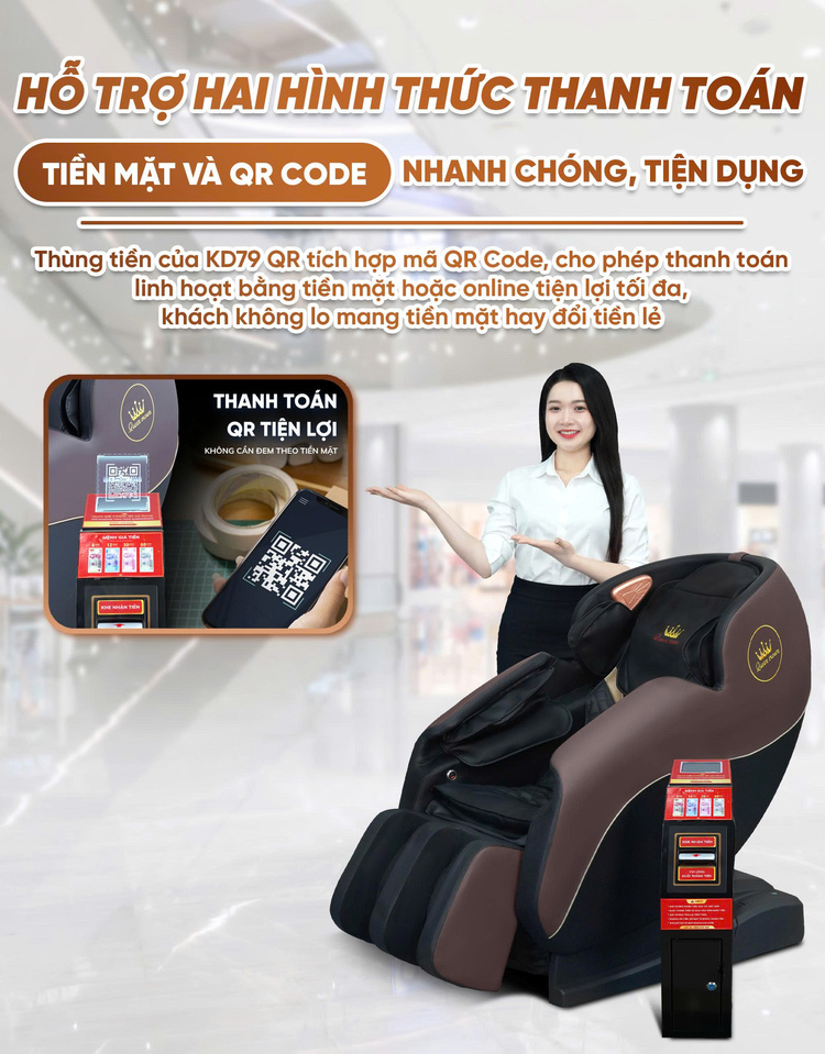 Ghế massage kinh doanh Queen Crown KD79 QR - Hai hình thức thanh toán