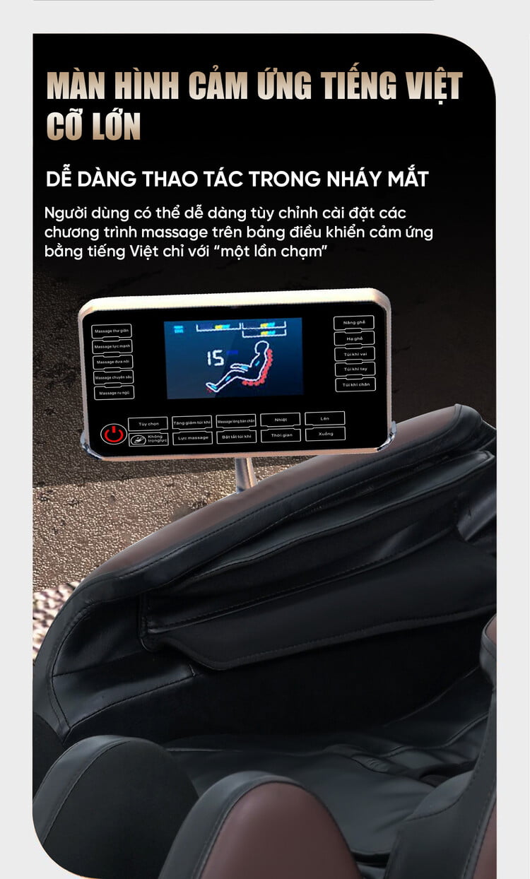 Ghế massage Queen Crown QE79 trang bị màn hình LCD tiếng Việt