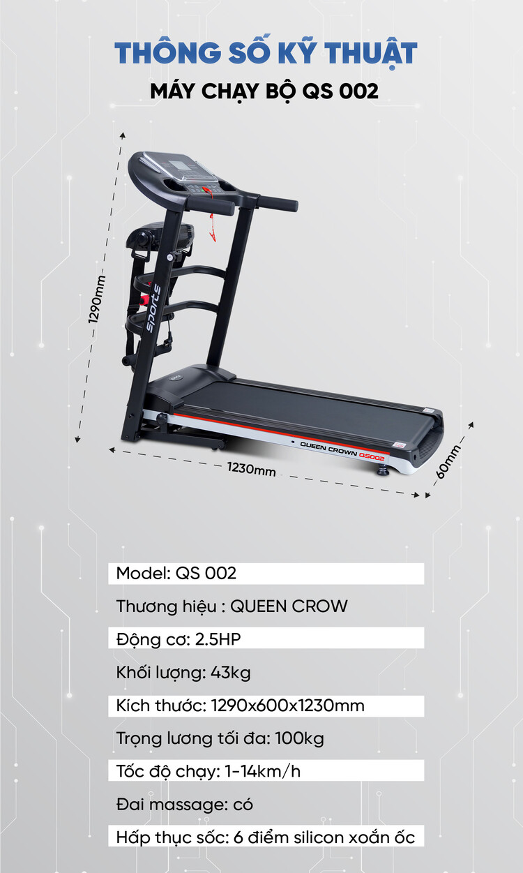 Thông số kỹ thuật Máy chạy bộ Queen Crown QS002