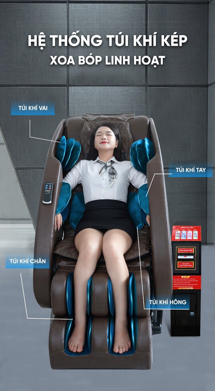 Ghế massage kinh doanh Queen Crown QC KD7 trang bị hệ thống túi khí kép toàn thân
