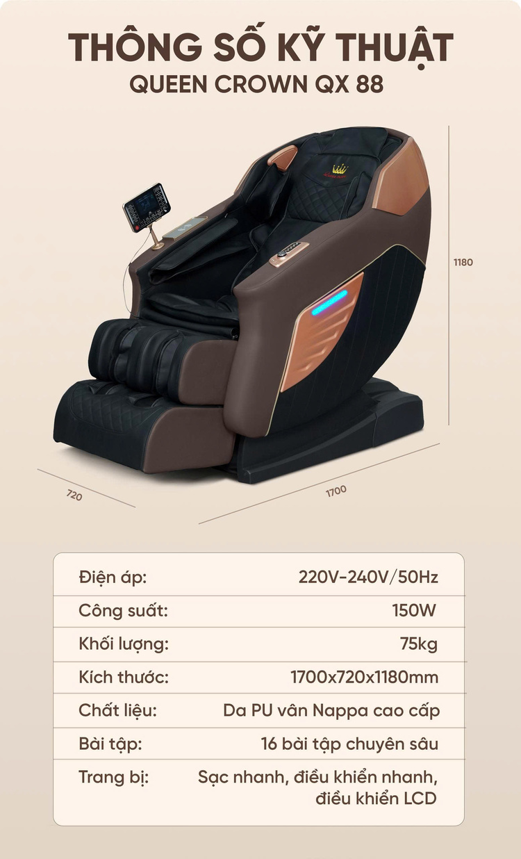 Ghế massage Queen Crown QX88 Thông số kỹ thuật