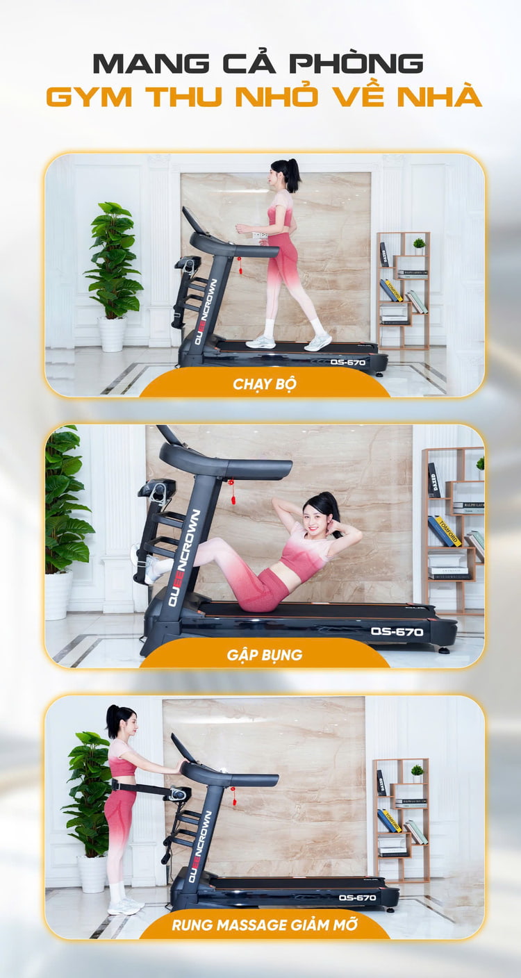 Máy chạy bộ Queen Crown QS 670 mang cả phòng gym thu nhỏ