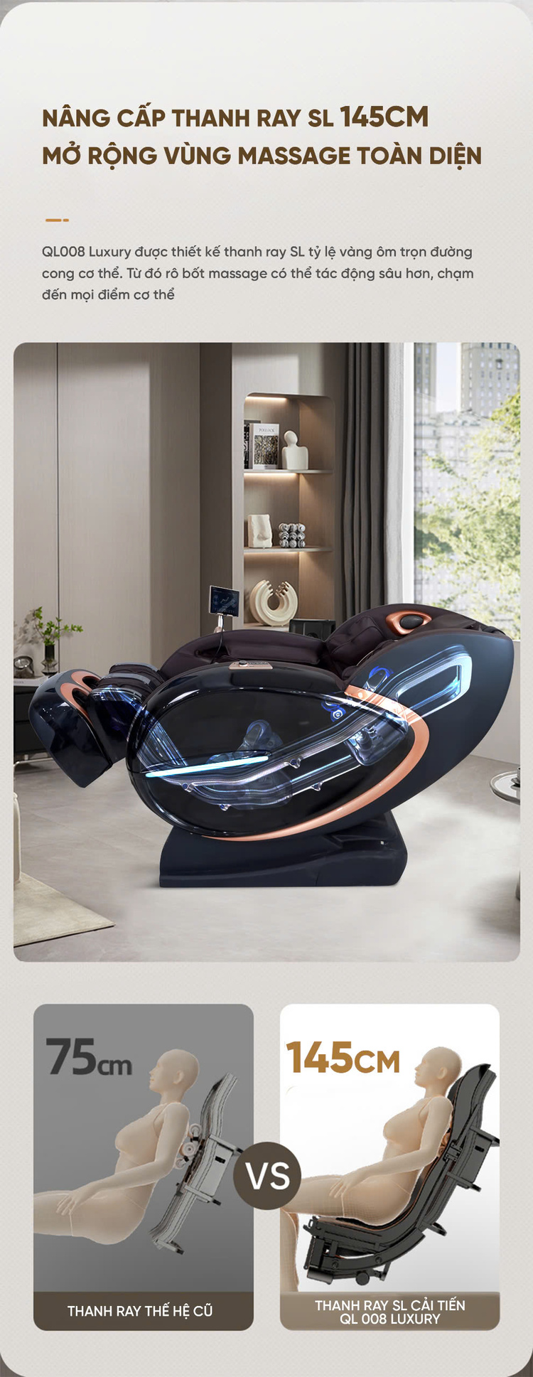 Ghế massage Queen Crown QL008 Luxury nâng cấp thanh ray sl dài 145cm