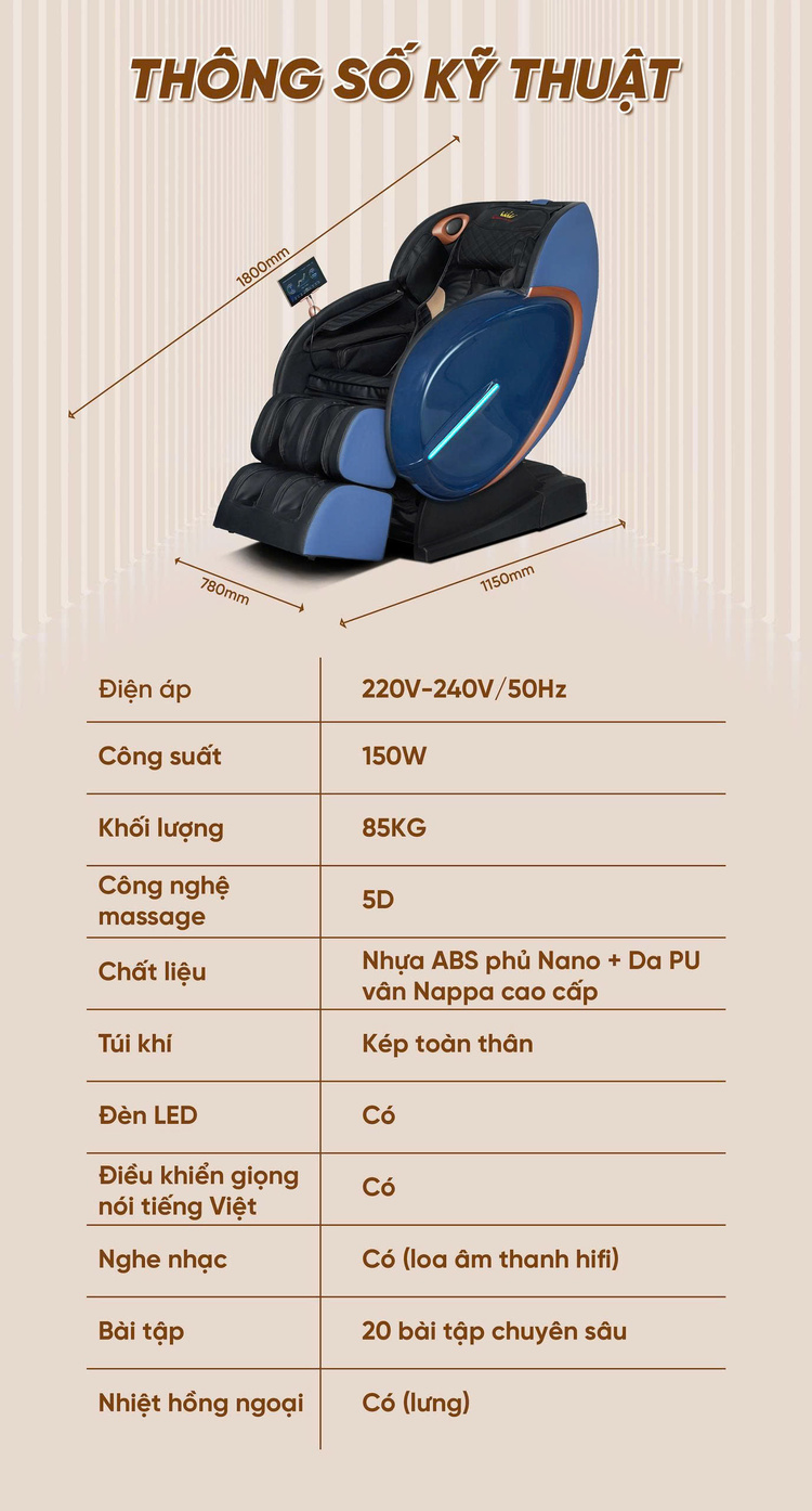 GHẾ MASSAGE QUEEN CROWN QL05 SPORT Thông số kỹ thuật