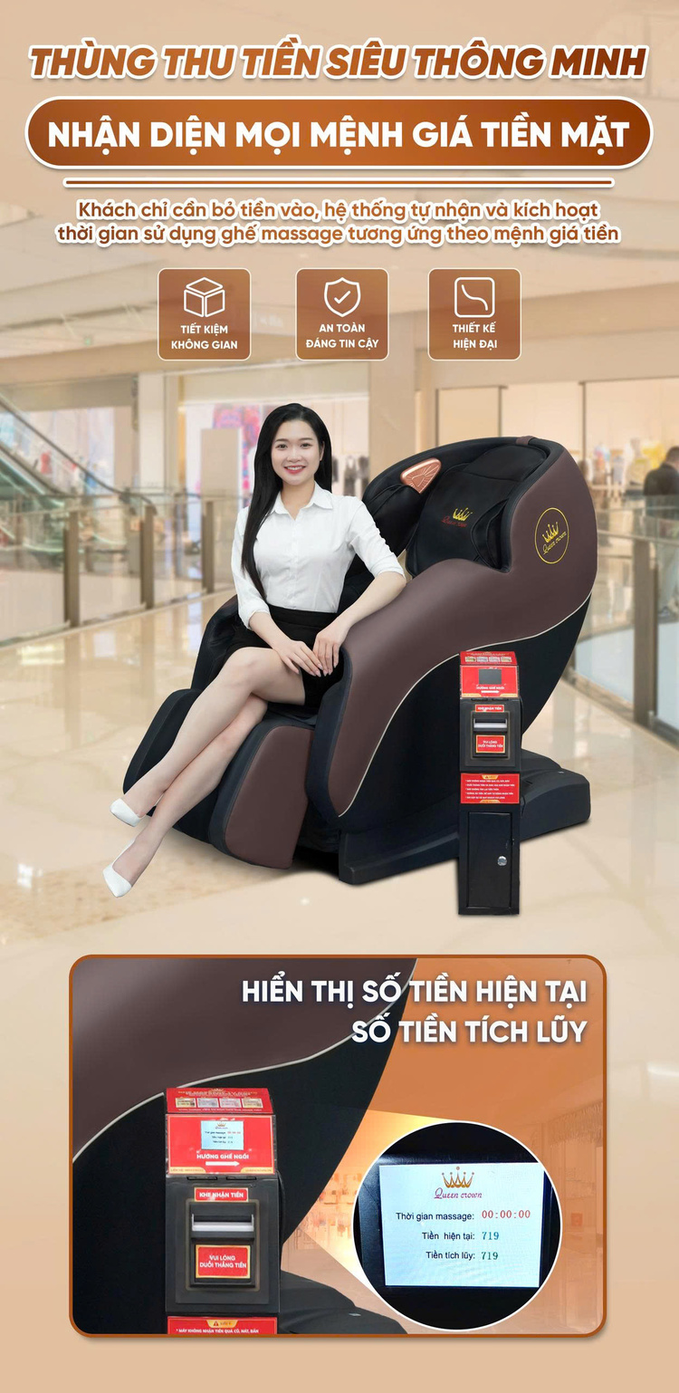 Ghế massage kinh doanh Queen Crown KD79 Plus - Nhận diện mệnh giá tiền