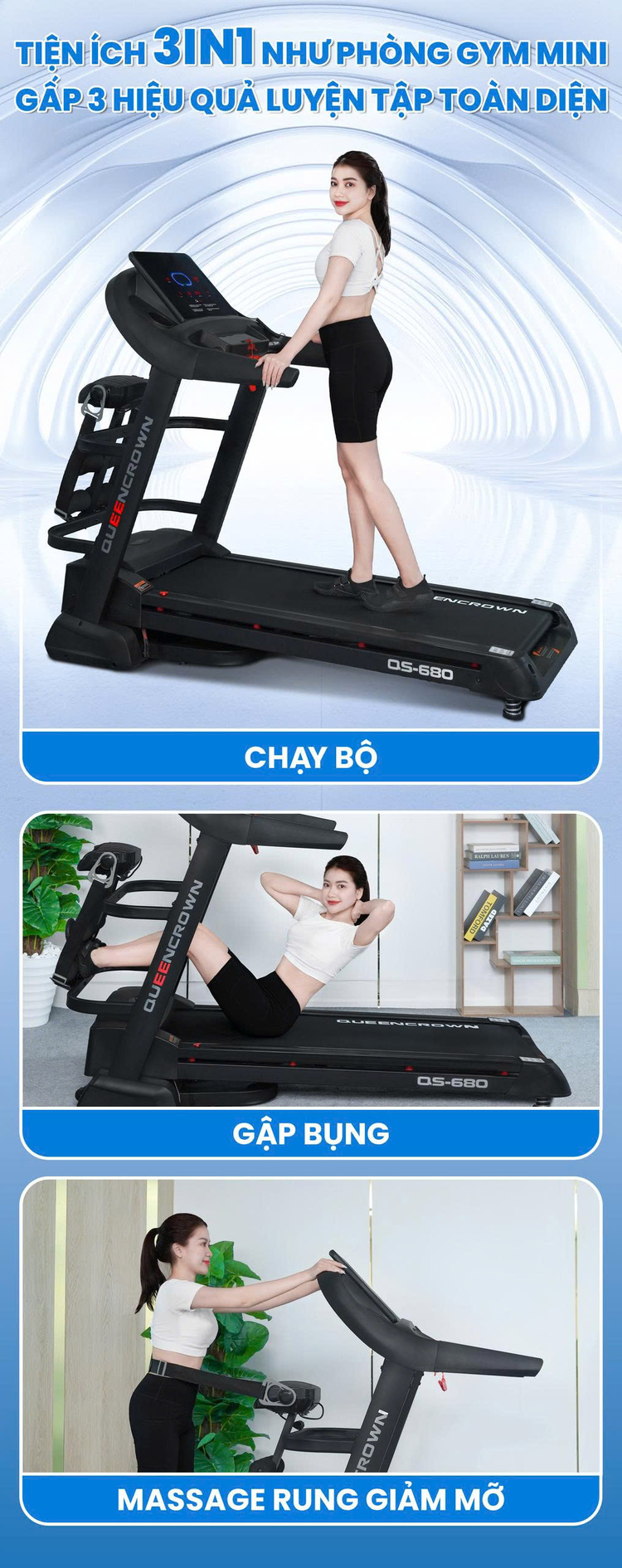 Máy chạy bộ Queen Crown QS680 - Tiện ích 3in1