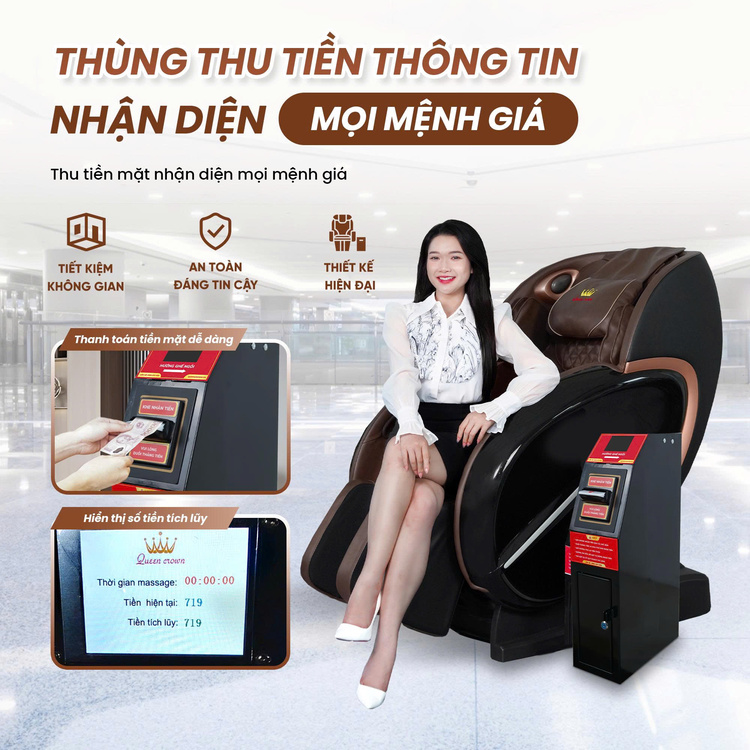 Ghế massage kinh doanh Queen Crown KD008 Plus - Nhận diện mọi mệnh giá