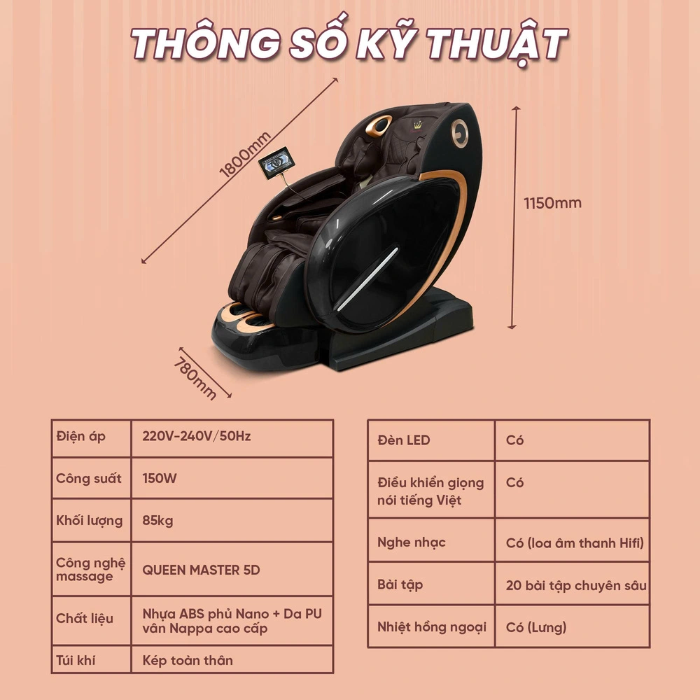 Ghế massage Queen Crown - Thông số kỹ thuật