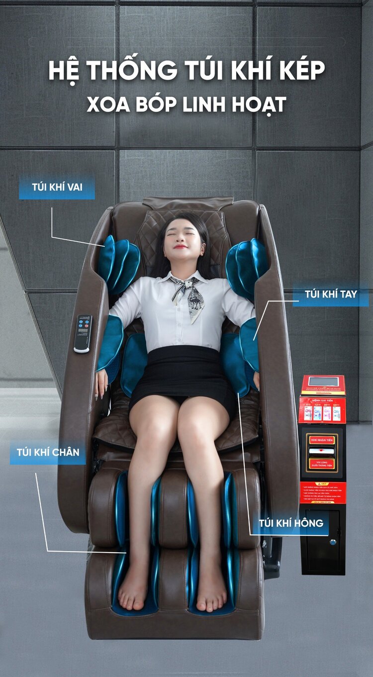 Ghế massage kinh doanh Queen Crown QC KD7 QR trang bị hệ thống túi khí kép