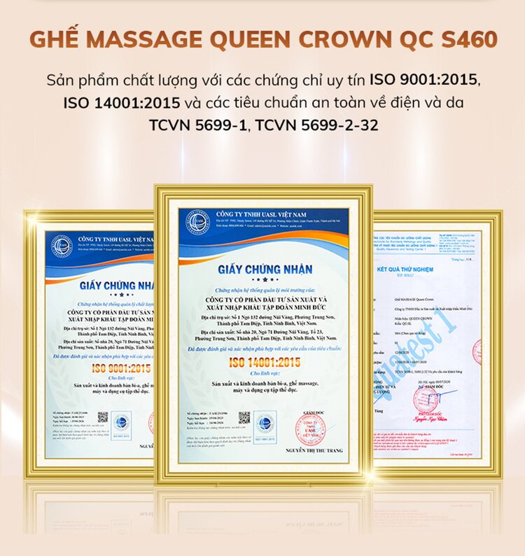 Ghế massage Queen Crown QC S460 đạt tiêu chuẩn chất lượng