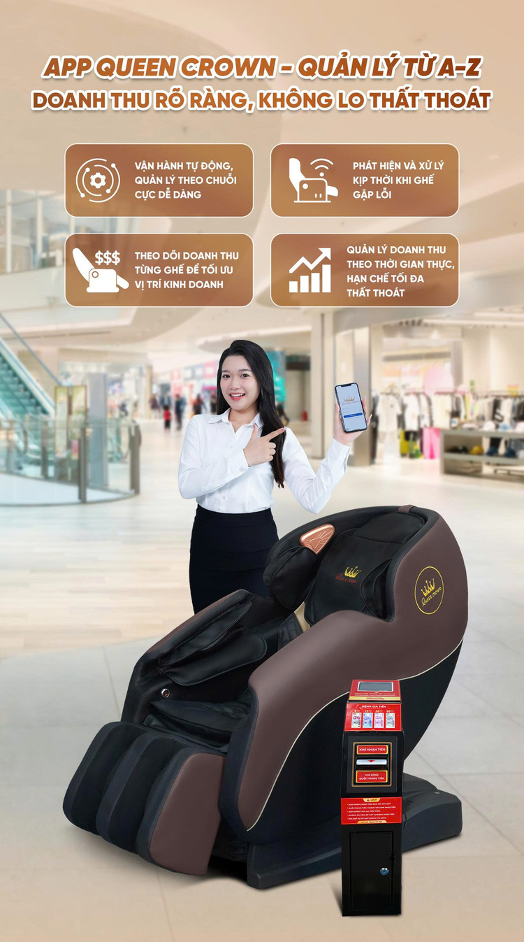 Ghế massage kinh doanh Queen Crown KD79 QR - App quản lý dễ dàng
