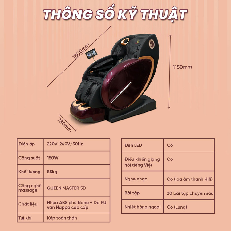 Ghế Massage Queen Crown QL698 Luxury - Thông số kỹ thuật
