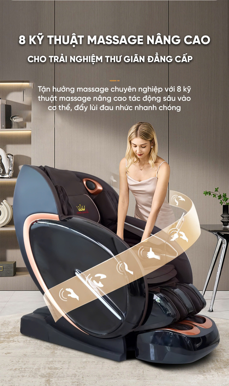 Ghế massage Queen Crown QL008 Pro thực hiện 8 kỹ thuật massage