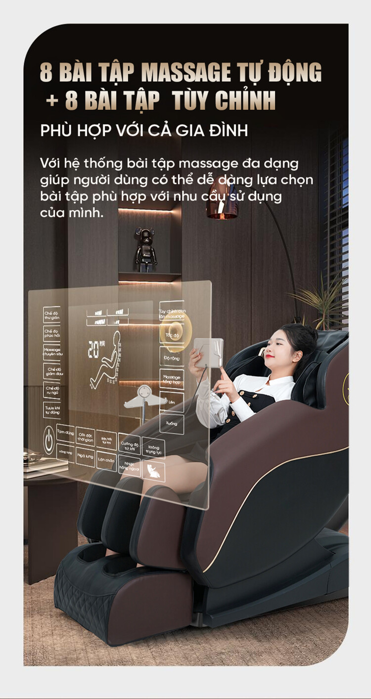 Ghế massage Queen Crown QE79 Pro thiết lập 8 bài tập tự động