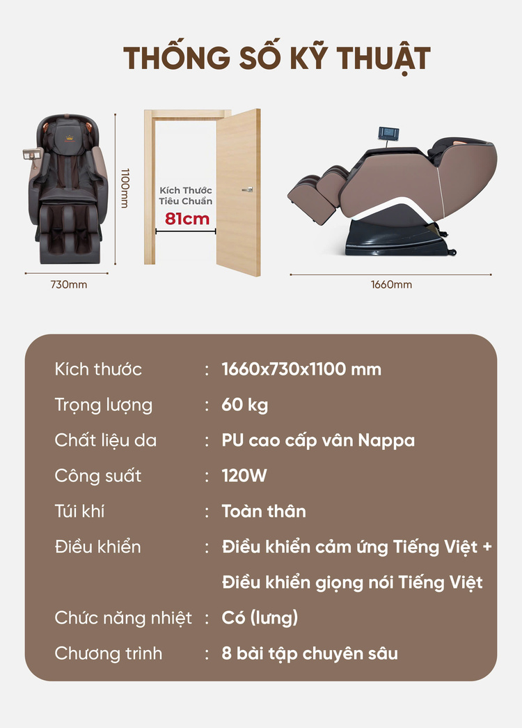 Ghế massage Queen Crown QA35 Pro - Thông số kỹ thuật