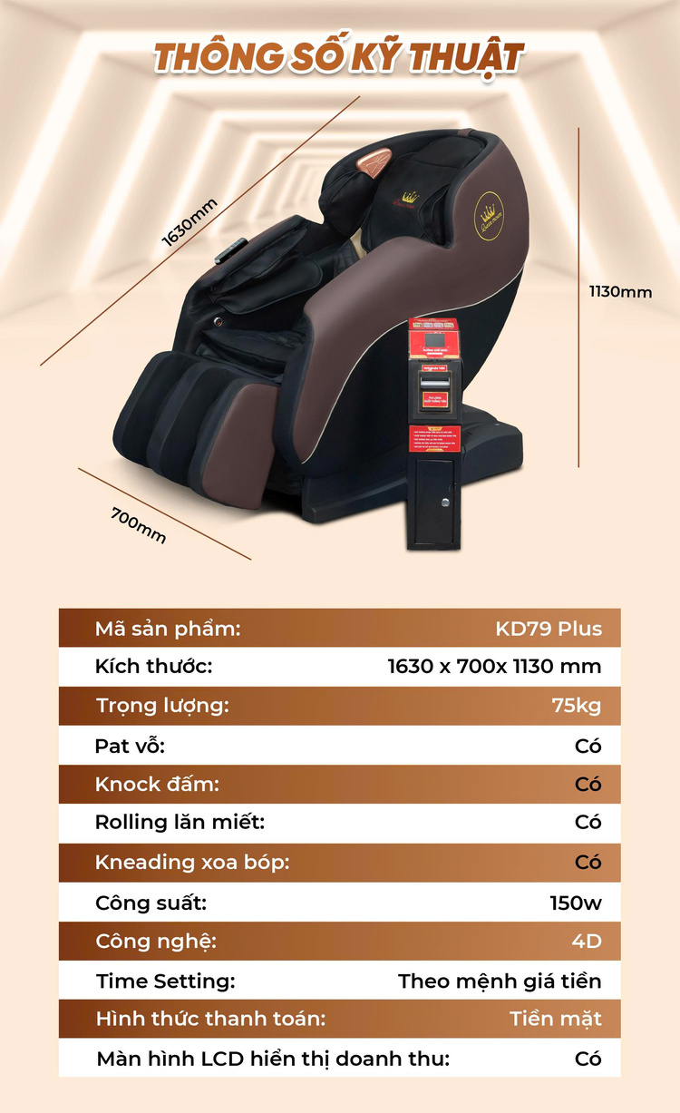 Ghế massage kinh doanh Queen Crown KD79 Plus - Thông số kỹ thuật