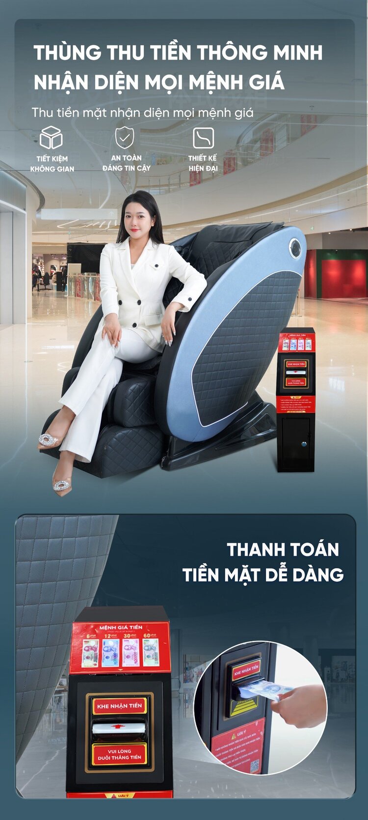 Ghế massage kinh doanh Queen Crown QC KD7 trang bị thùng thu tiền thông minh