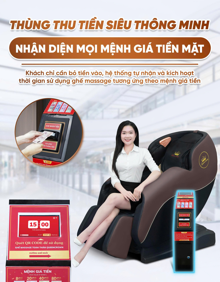 Ghế massage kinh doanh Queen Crown KD79 QR - Nhận diện mọi mệnh giá