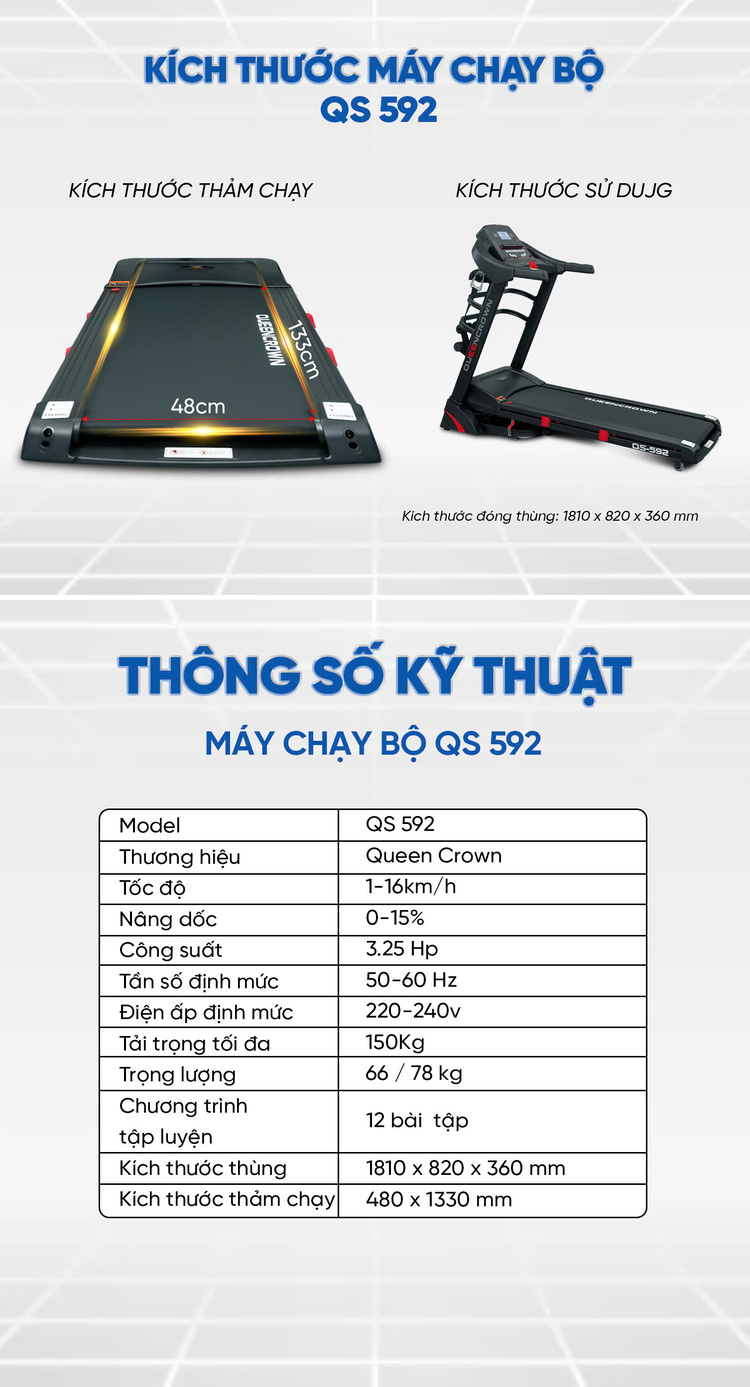 Máy chạy bộ QS592 Thông số kỹ thuật