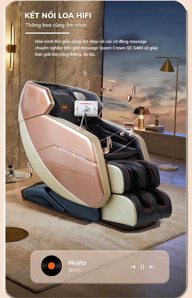 Ghế massage Queen Crown QC S460 kết nối loa hifi nghe nhạc thư giãn