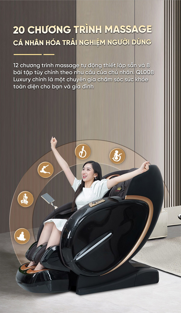 Ghế massage Queen Crownn QL008 Luxury thiết lập 20 chương trình massage tự động