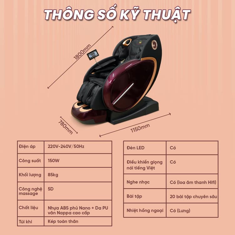 Ghế massage Queen Crown QL698 Luxury - Thông số kỹ thuật