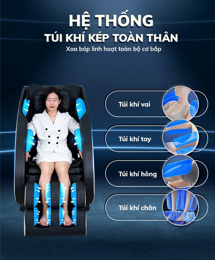 Ghế massage Queen Crown QC V500 trang bị hệ thống túi khí toàn thân