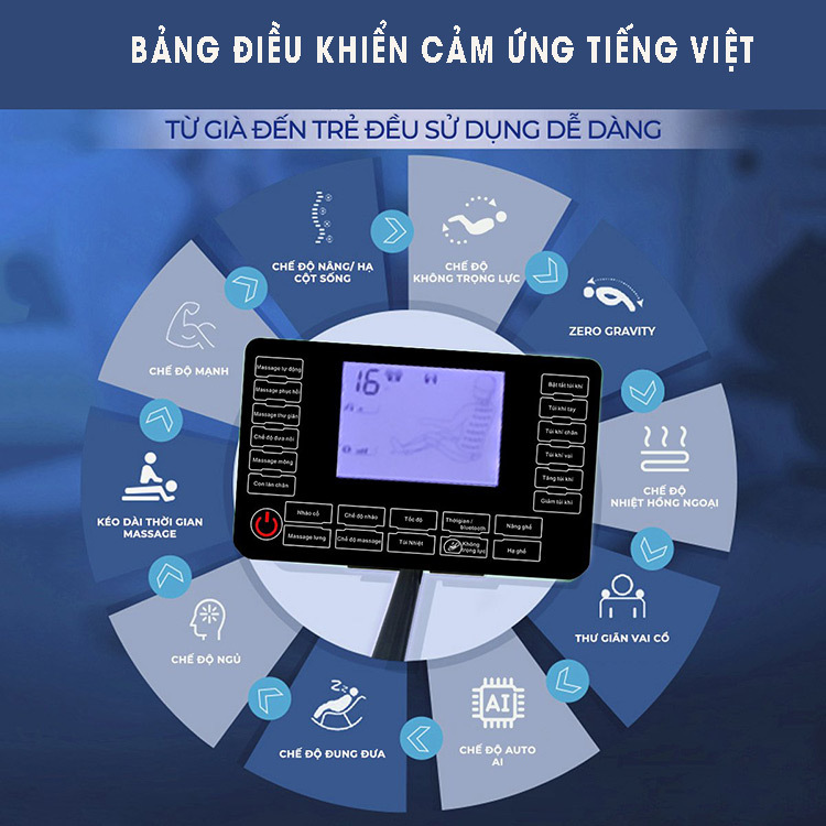 Ghế massage Queen Crown QC K500 trang bị bảng điều khiển cảm ứng tiếng Việt
