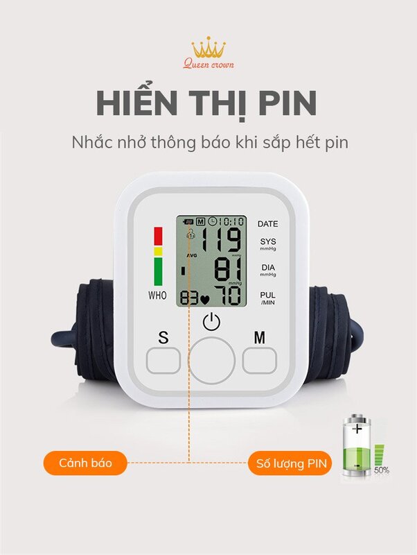 Máy đo huyết áp Queen Crown HA có chế độ hiển thị pin
